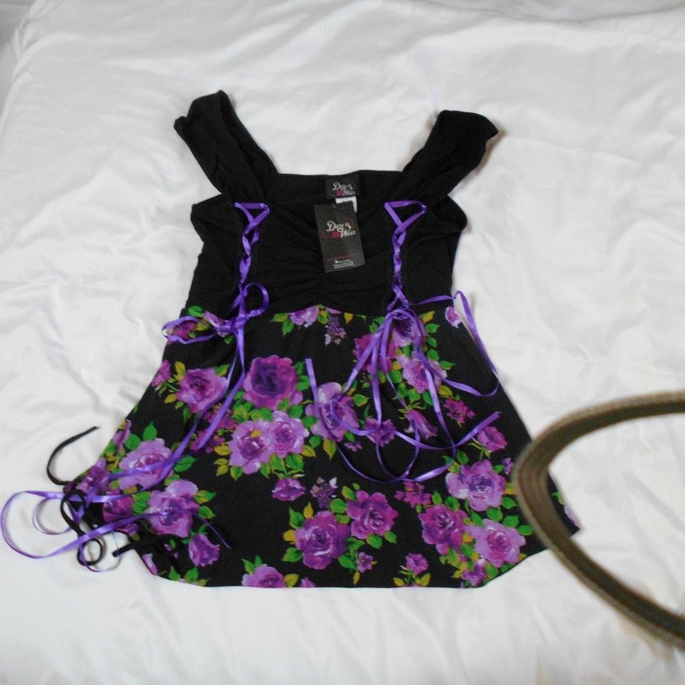 NWT Goth floral babydoll top with ribbons!
